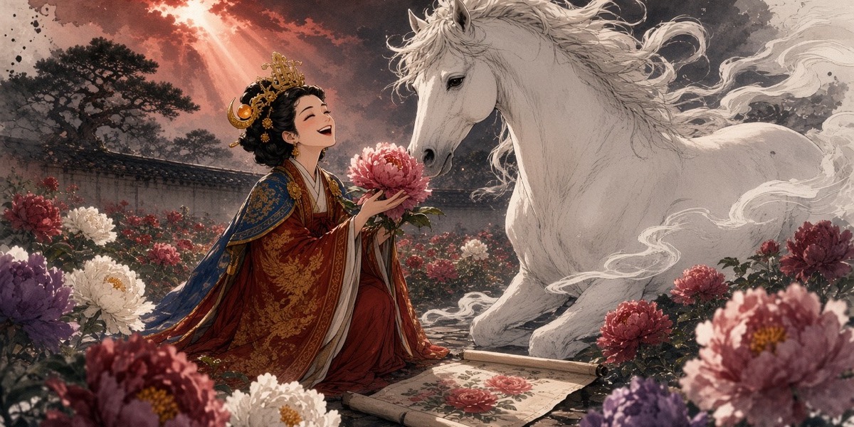 Poster key art: Queen Sunduk laughs in her peony garden as the white heavenly horse eats one of the scentless Tang peonies out of her hand