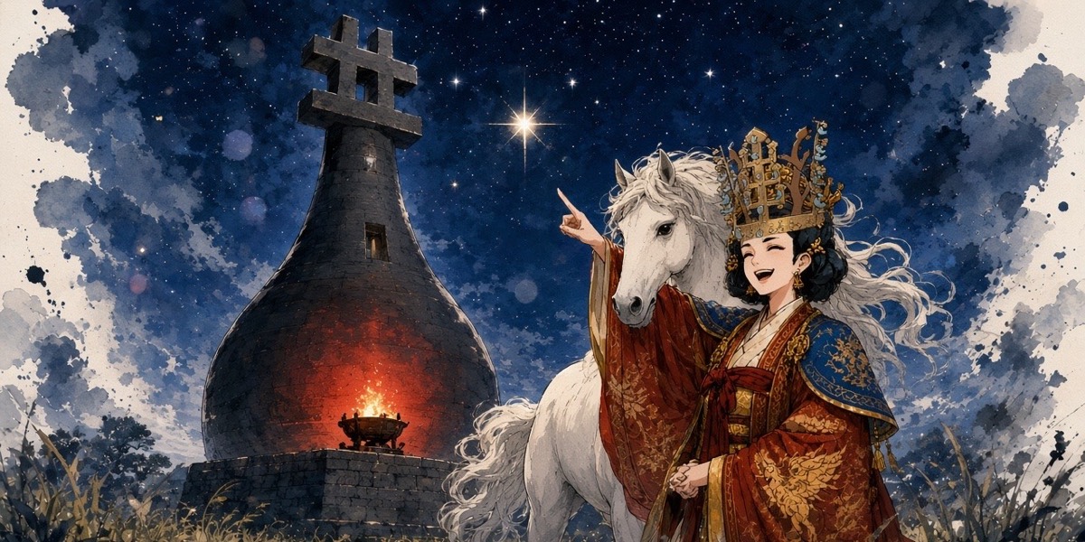 Poster key art: Queen Sunduk at the foot of Cheomseongdae points out a star while the white heavenly horse leans its head over her shoulder to look