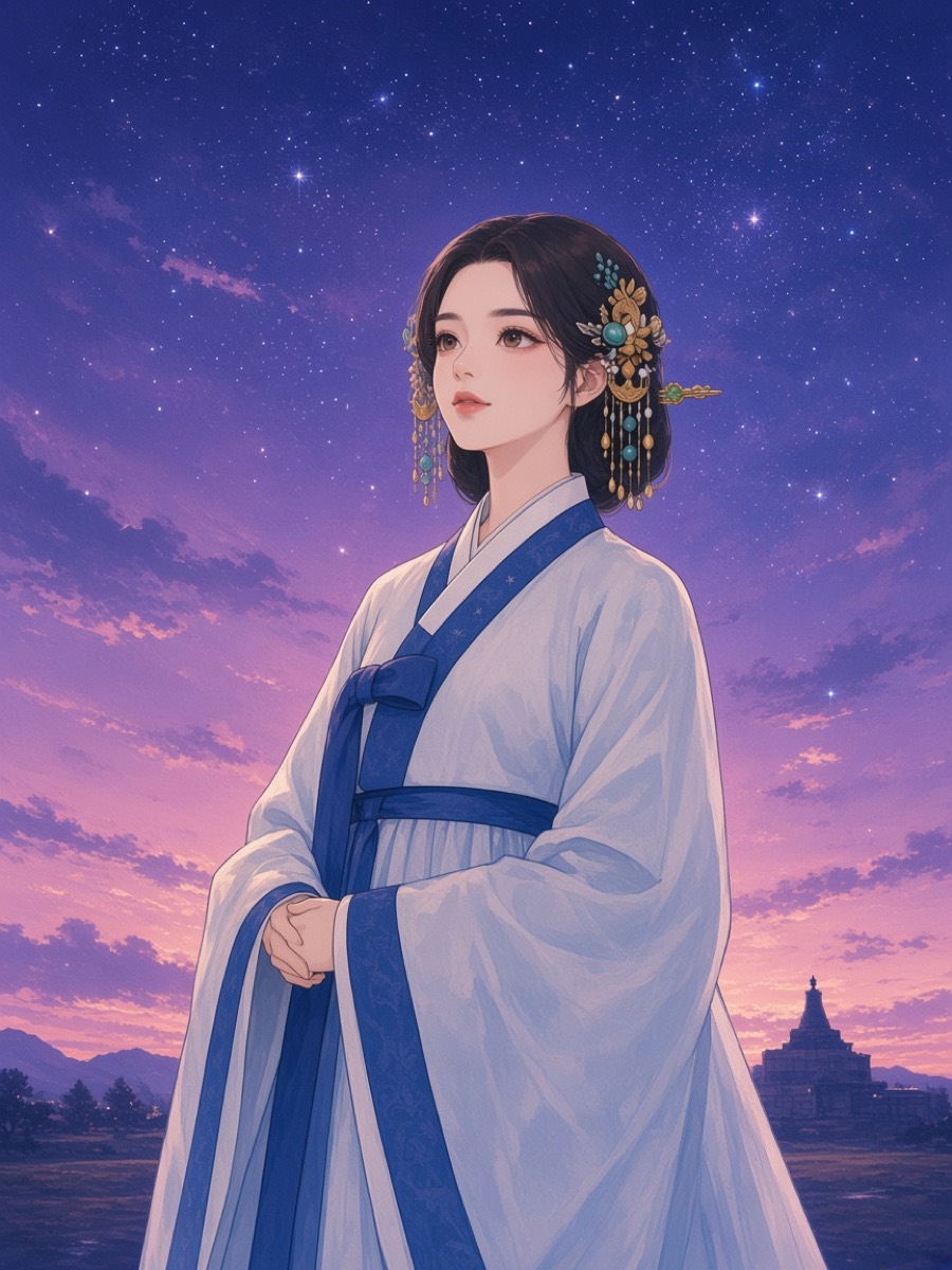 Queen Sunduk gazing at stars beside Cheomseongdae tower at twilight
