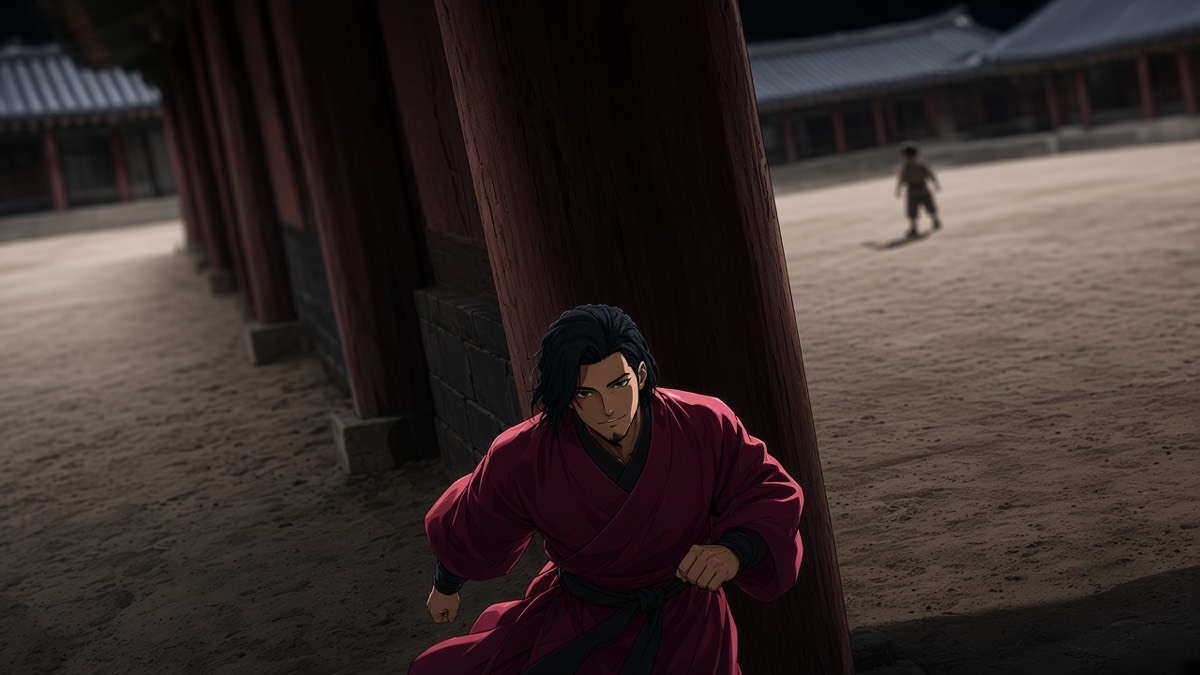 Dutch: timber pillar as a vertical; Chunchu mid-stride in the lower third of an empty colonnade