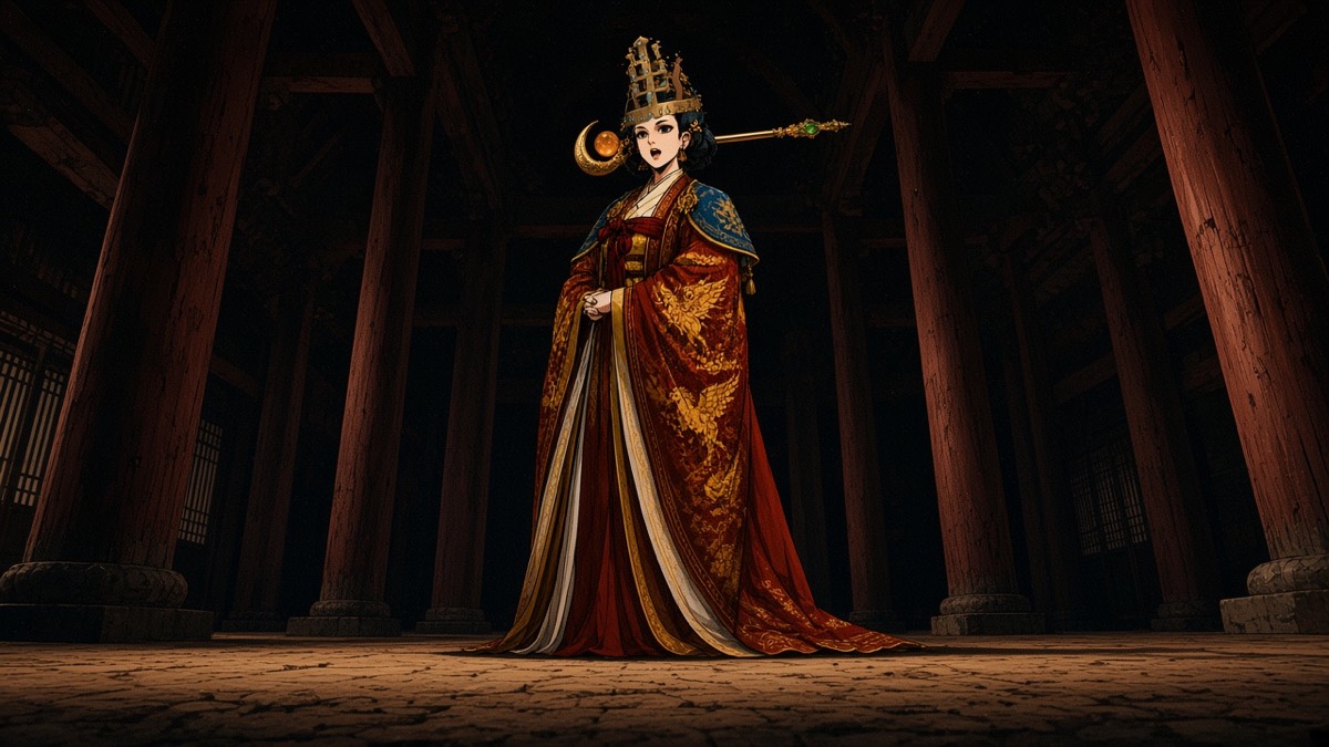 Worm’s-eye: Sunduk standing on the dark hall axis, one hard key