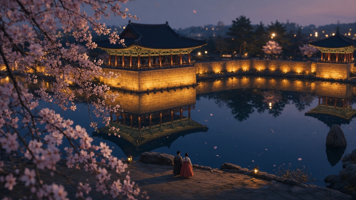 Dutch dusk: Eastern Palace pond as a dark mirror, two tiny figures on the terrace