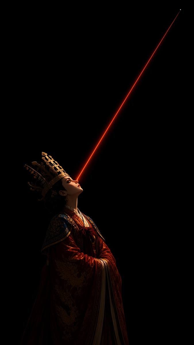 Queen Sunduk almost lost in a black void, one vermilion star-shaft falling onto her upturned face