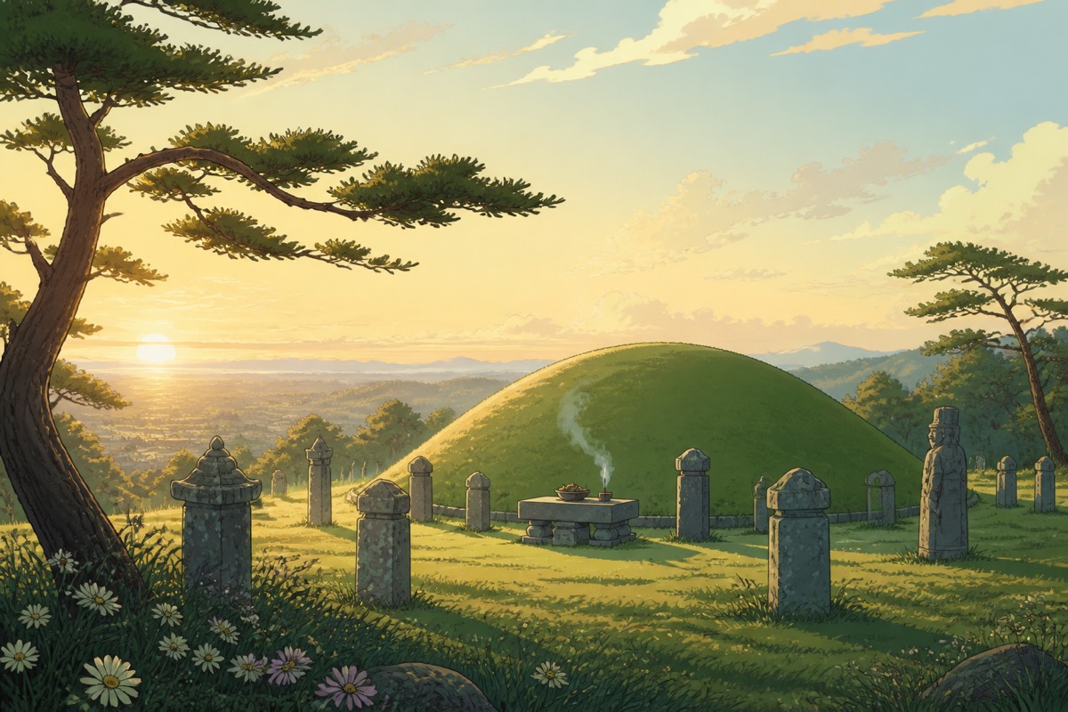 A quiet grass tomb mound on the edge of Surabol, incense drifting from the temple below