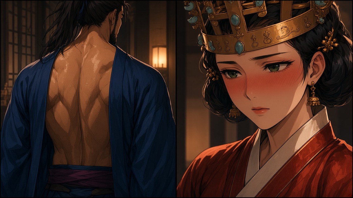 Yushin’s muscular back as a Confucian-blue plane; Queen Sunduk blushing in a vermilion edge-gaze
