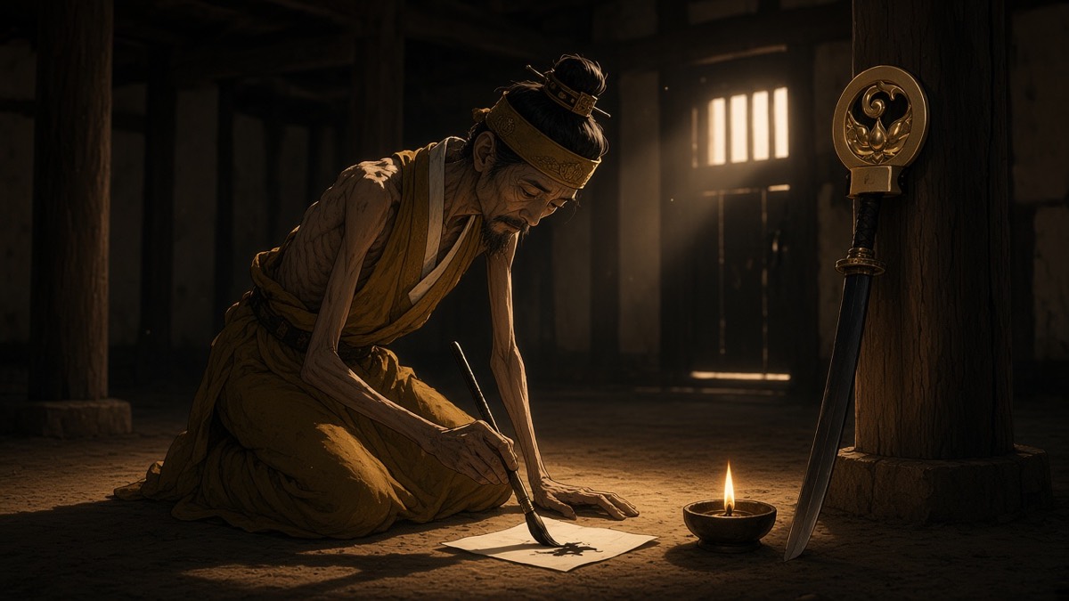 Seongchung starving, writing; his ring-pommel hung on the prison post in lamp-light