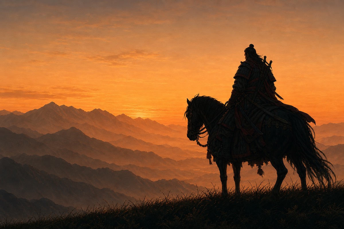 Riders and a caravan in silhouette against a hazy sunset over the steppe