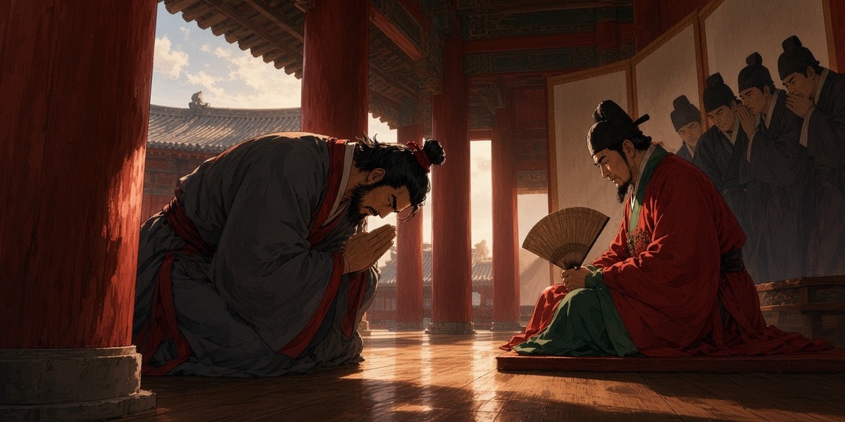 Gesomun bows low before a seated commander in a Pyongyang hall while the others watch from behind a screen, already agreed.