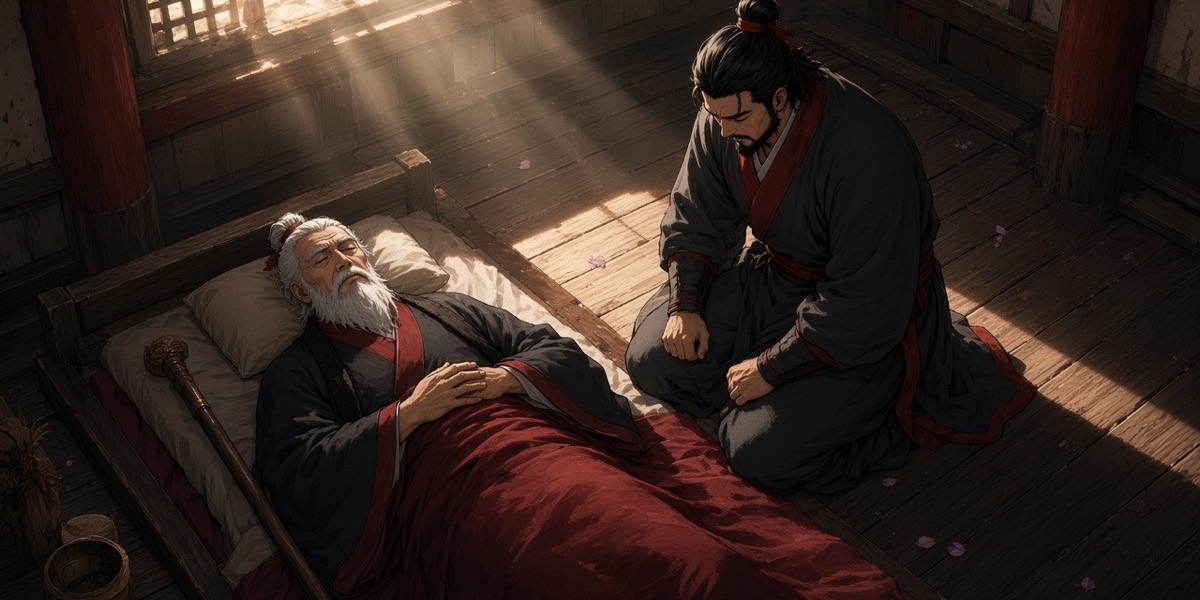 Spring light falls across Yeon Taejo's empty bed in the Eastern Hall; his staff leans against the wall and his son kneels beside it.