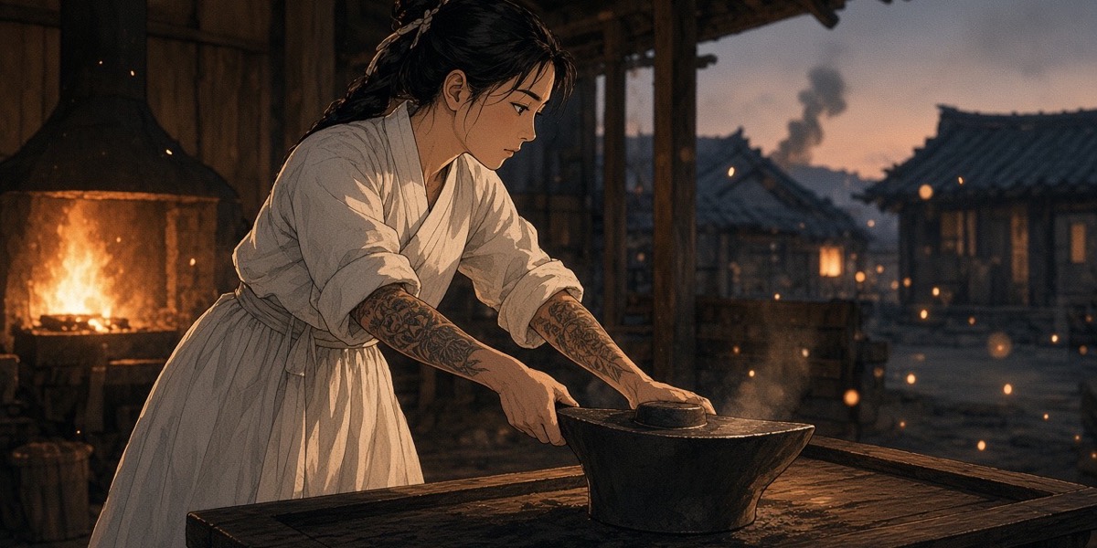 A Byeonhan smith's daughter with tattooed forearms sets an iron ingot down and looks for the forge