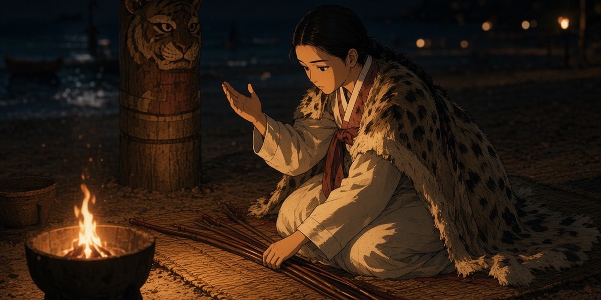 A Dongye woman in a spotted sealskin cloak sets short bows down on the Gaya sand