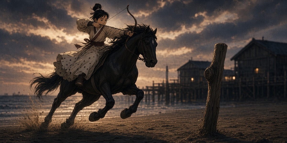 A Goguryeo rider in a dotted skirt draws on the Gaya beach and puts an arrow into the welcome post