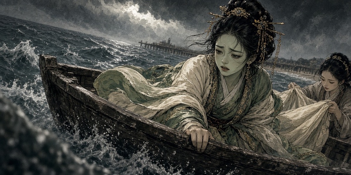 A Han magistrate's niece in floor-sweeping sleeves, seasick at the rail of a boat off Gaya