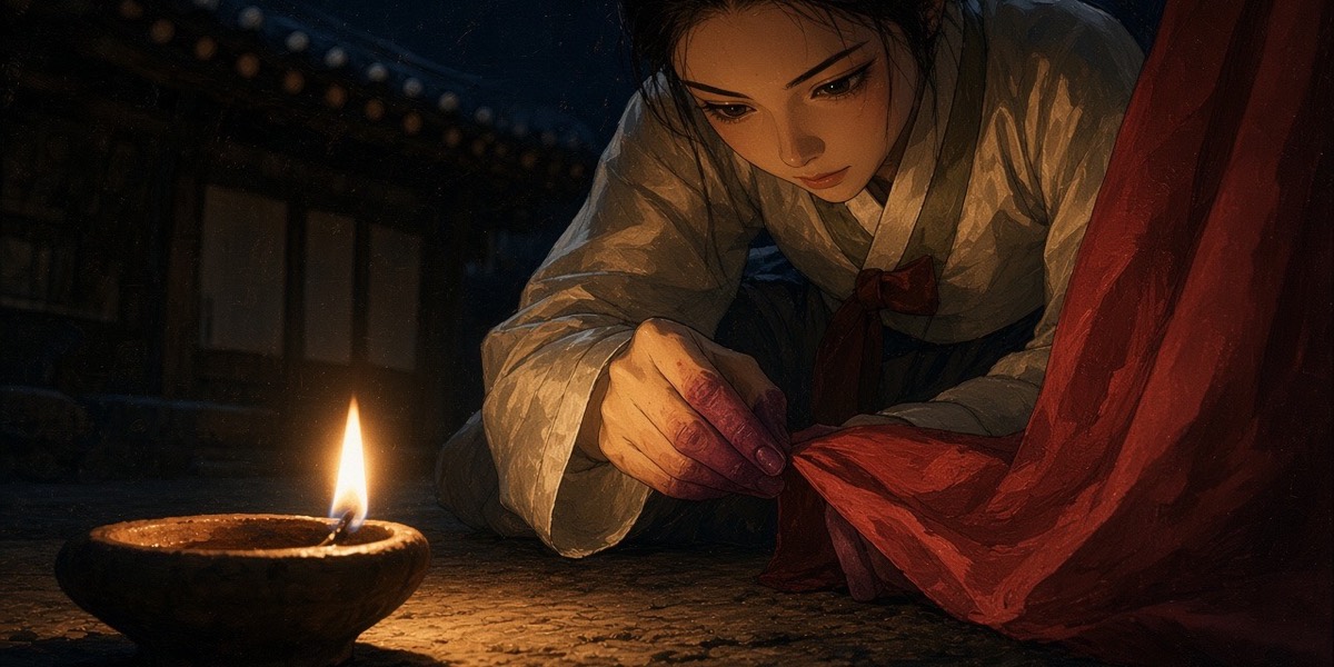 A Jinhan silk-weaver's daughter crouches to inspect another contestant's hem