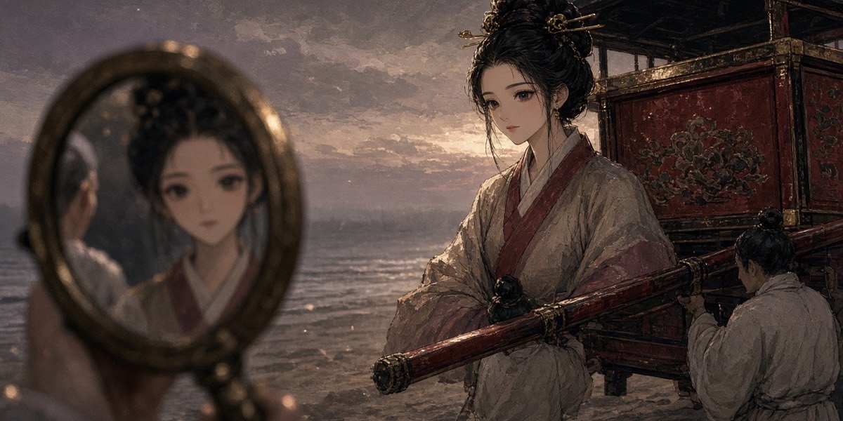 A Nangnang lady in a lacquered palanquin checks herself in a bronze mirror a maid holds up