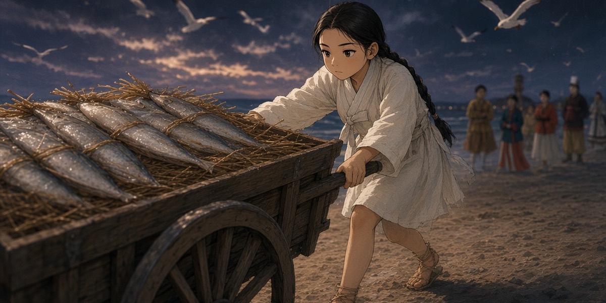An Okjeo girl hauls a cart heaped with salted fish up the Gaya beach