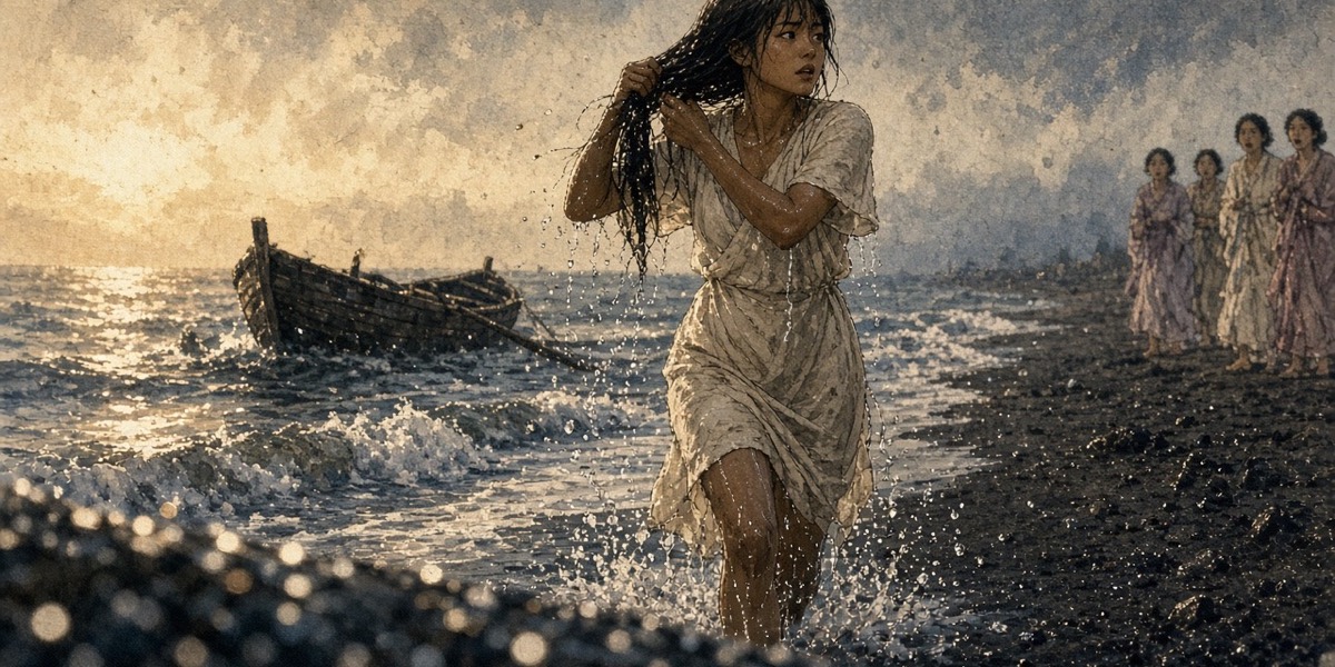 A Tamla diver walks up the Gaya beach out of the surf, wringing out her hair