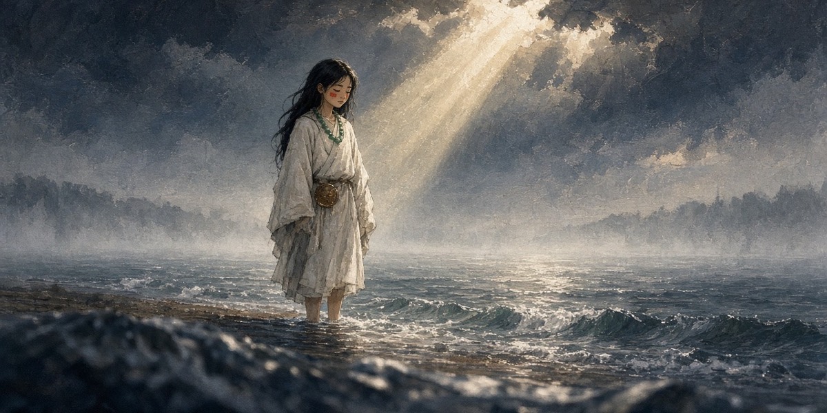 A Wa priestess with comma-shaped jade and red-painted cheeks stares at the Gaya beach as if she knows it