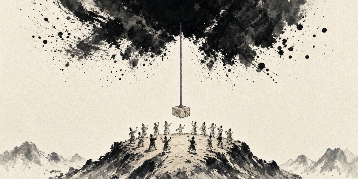 A purple rope lowers a gold box onto Gujibong as the people sing