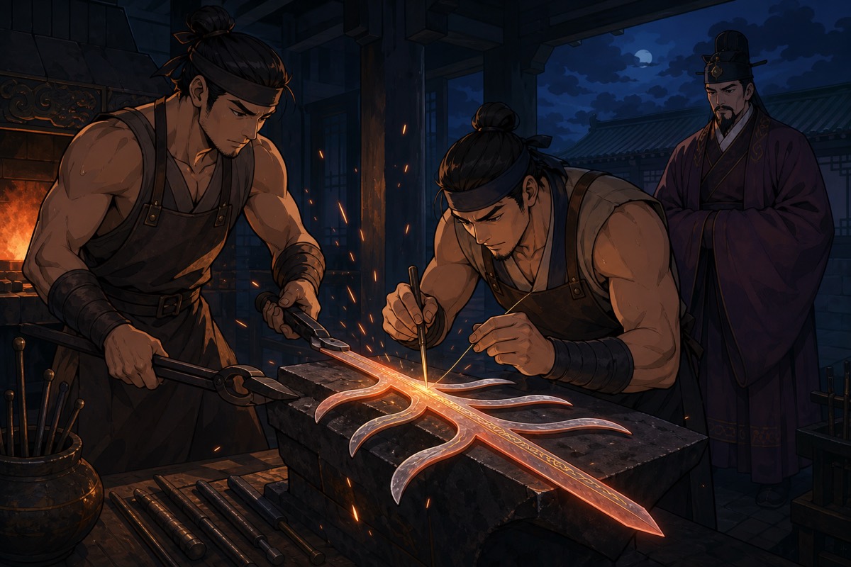 The Seven-Branched Sword at the forge — six branches off a central blade, gold characters inlaid down both sides
