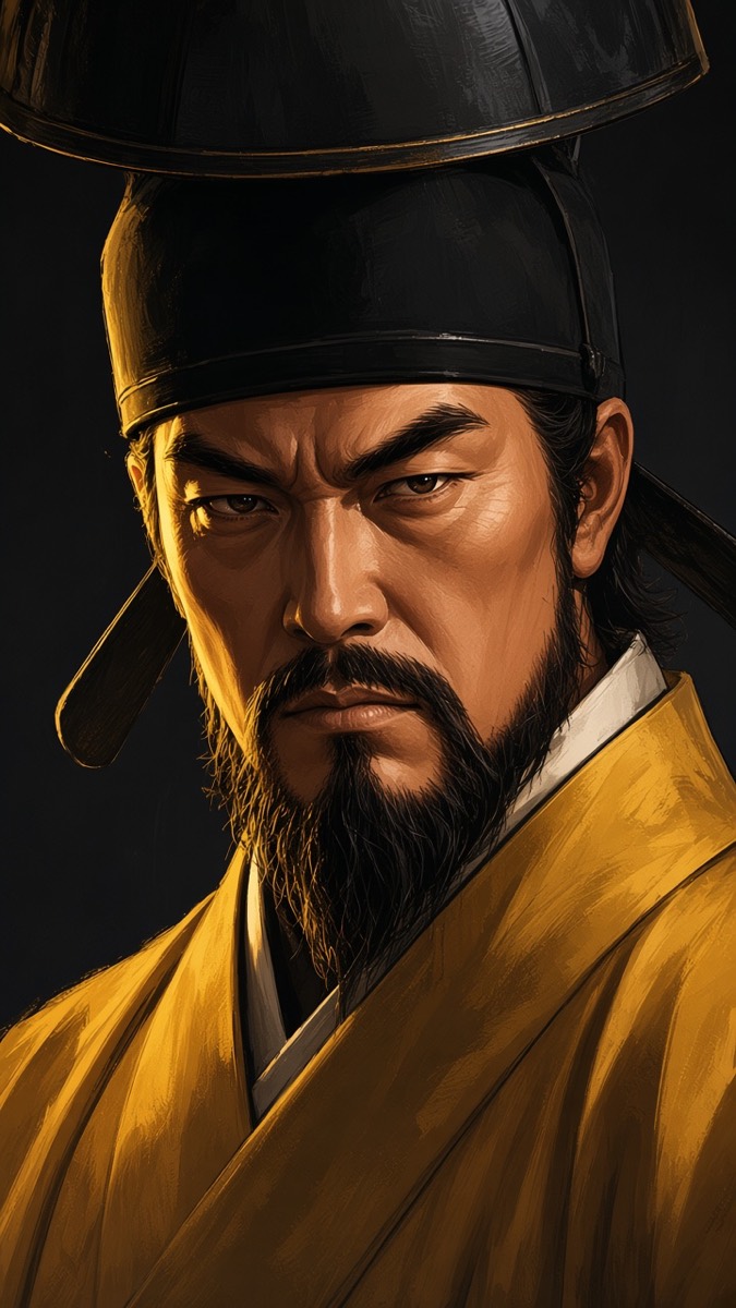 Taizong’s first readable face — matches the yellow-robe portrait: black futou, pointed beard, yellow camp light