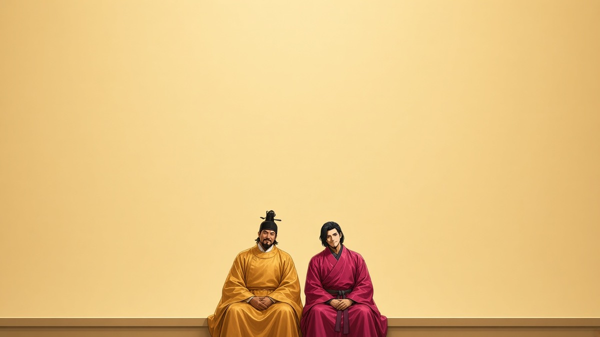 Low bench-strip: two seated small figures on a silk bar; the rest empty warm gold — Taizong smiling