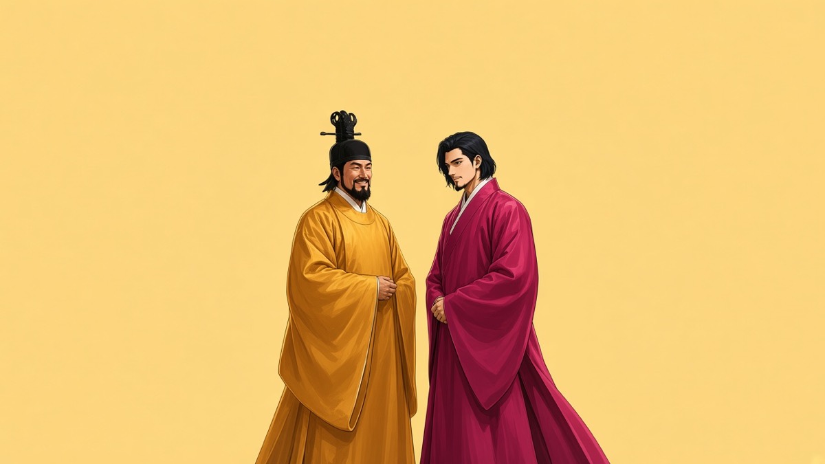 Asymmetric corner: two tiny smiling figures only in the lower-left of a vast empty pale-gold plane