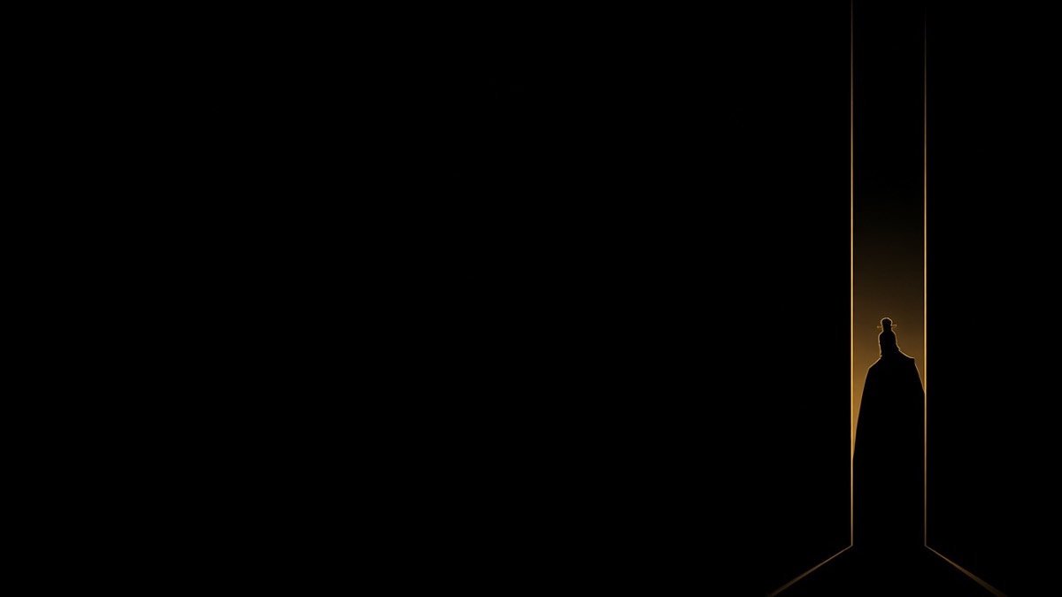 Corner crop: a doorway slit of darkness; one yellow accent; Taizong only a crown-and-robe silhouette