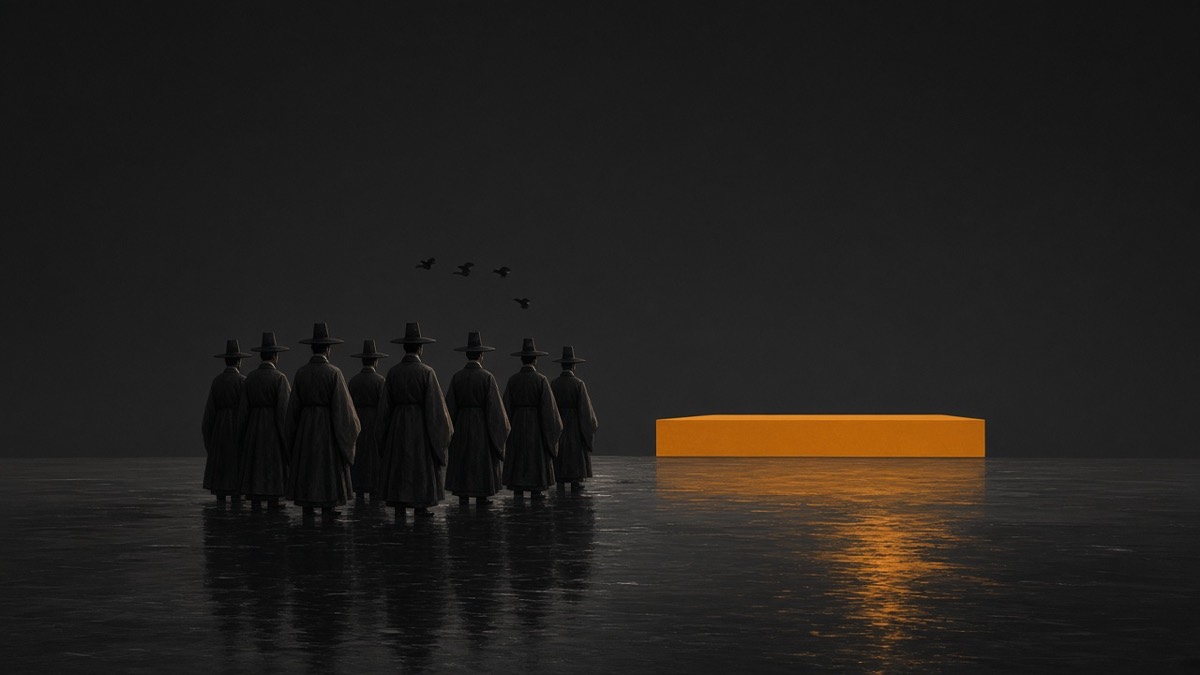 Broken arc of three tiny attendant marks facing an empty yellow dais — the emperor not in the room