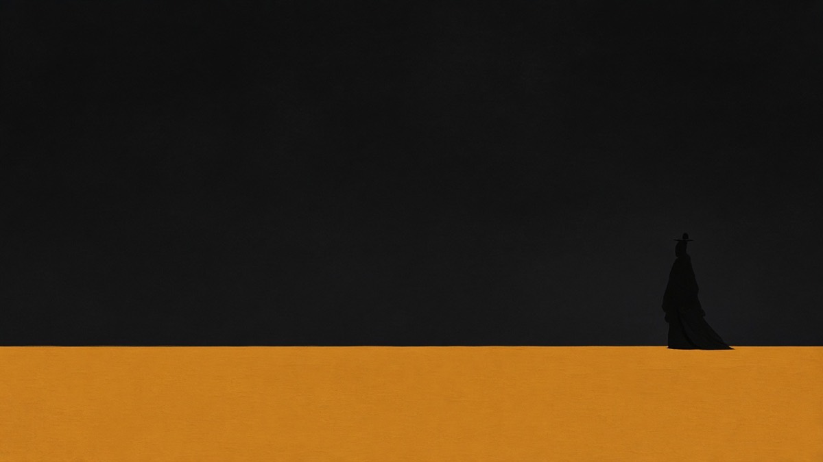 Low-strip: a hard imperial-amber plane; one tiny far silhouette at the right — no readable face