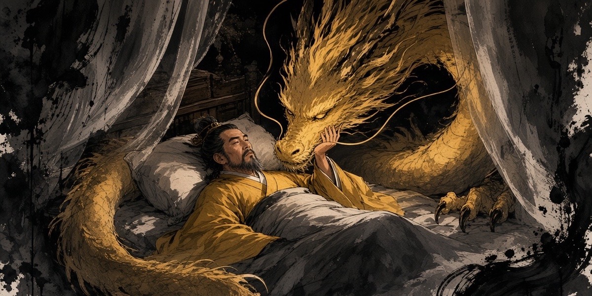 Ink-painted poster: the dying Second Emperor, still in colour, lifts his hand and the gold dragon lowers its head through black ink gauze to meet it