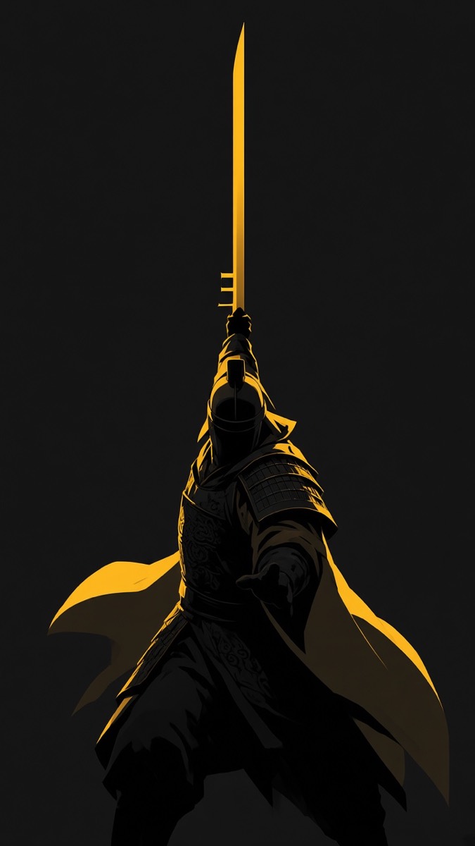 Low worm’s-eye: armored Taizong charging with a long ji — black silhouette, yellow light only