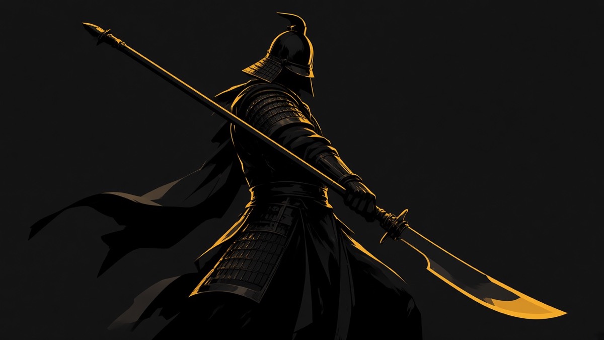 Taizong in full Tang armor on the Ansi field — a silhouette, large ji, only yellow rim-light
