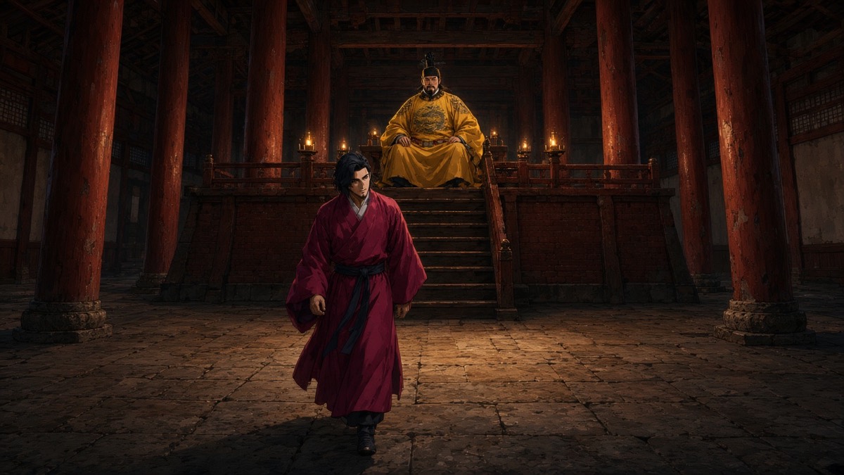 Worm’s-eye Daming hall: vermilion columns, real dais with stairs; Chunchu walking in, looking up