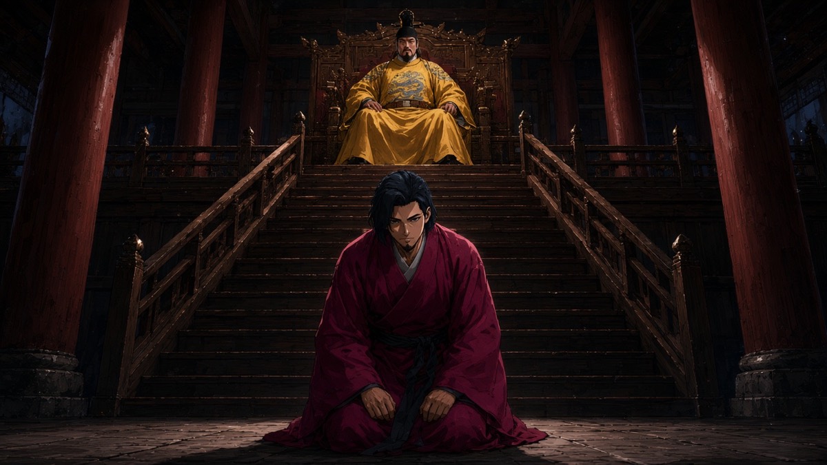 From the floor: Chunchu kneeling on stone at the foot of real stairs; Taizong on the dais above