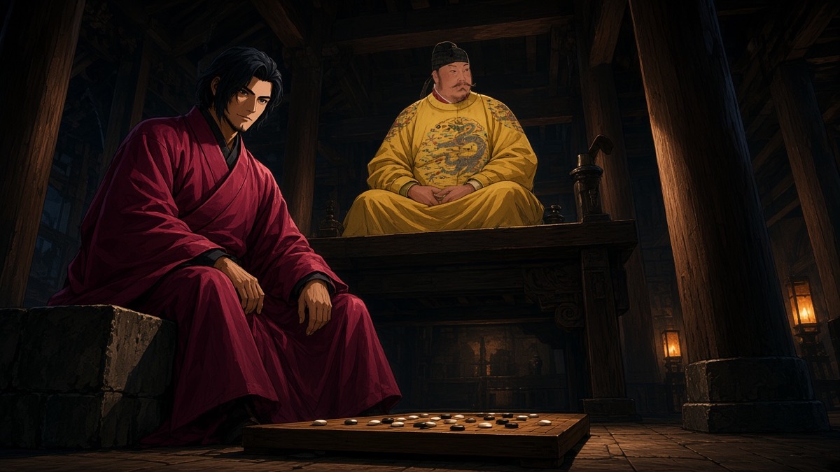 Worm’s-eye two-shot: one Chunchu on the floor, Taizong higher on the platform, go board between them