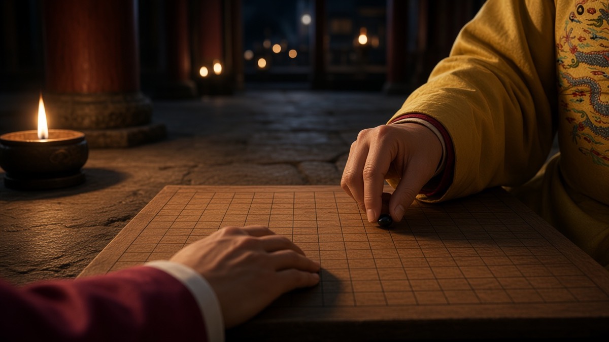 Worm’s-eye ECU: yellow sleeve placing a stone on the go board; magenta cuff below; palace floor