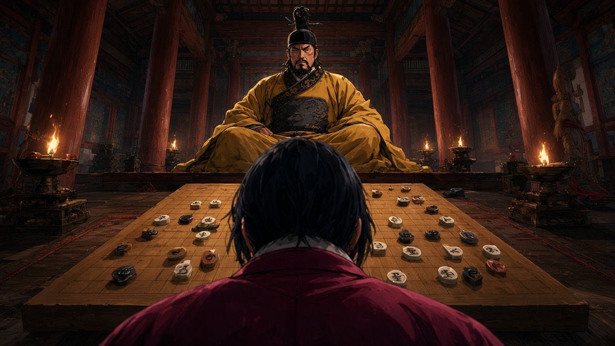 Worm’s-eye Daming side-chamber: go board on stone; emperor on a low raised platform, Chunchu on the floor