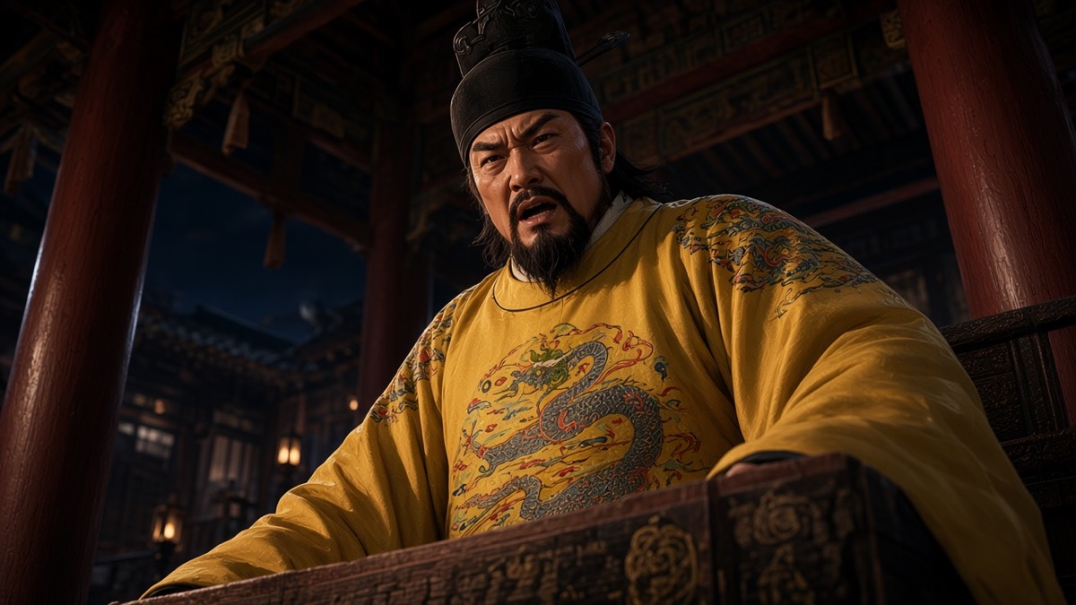 Worm’s-eye ECU: Taizong looking down from the Daming dais, speaking, yellow robe, column in shadow