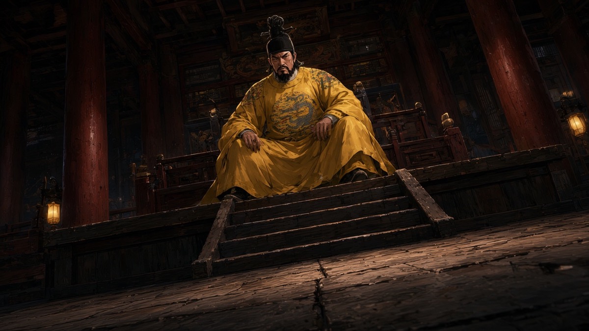 Worm’s-eye from the hall floor: Taizong seated on the real Daming dais, yellow yuanlingpao, columns in the dark