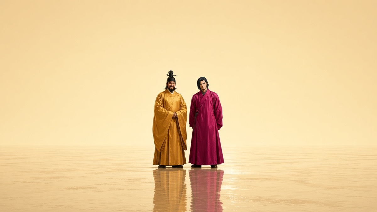 Two small standing figures at the far end of a huge empty cream-gold floor — Taizong smiling, informal
