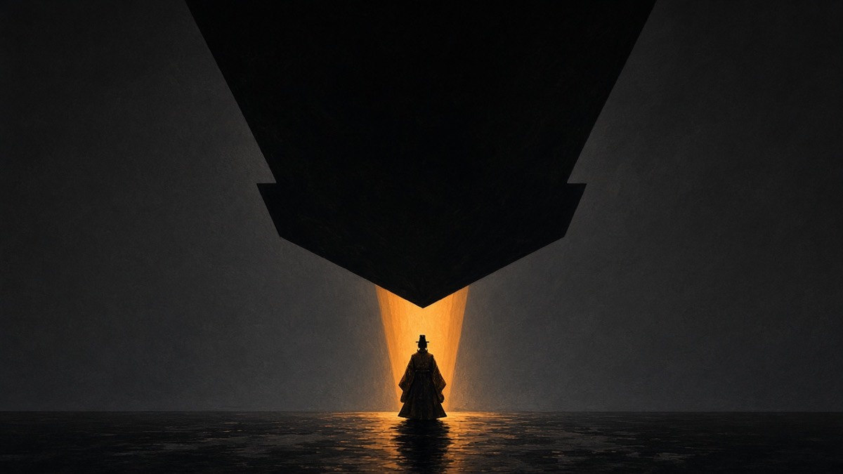 Inverted crown-stamp: huge black mianliu filling the top; tiny yellow-rimmed silhouette far below
