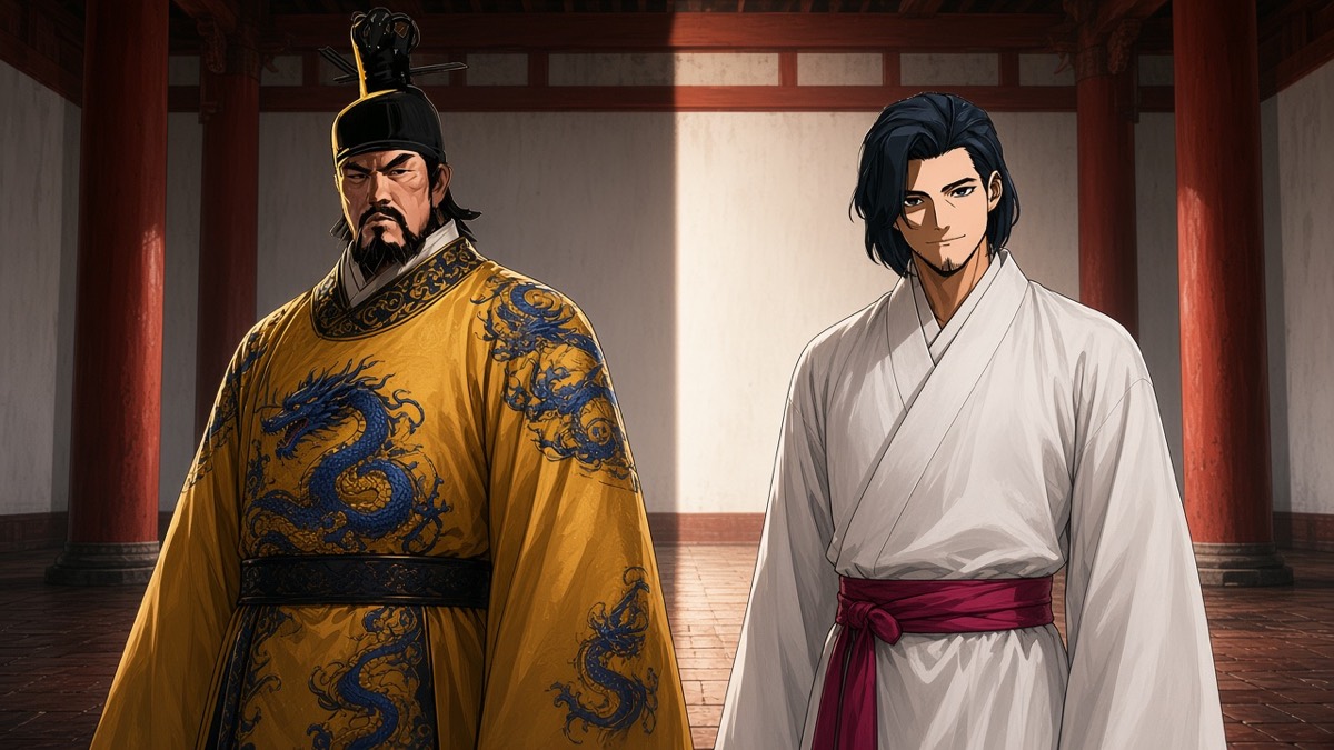 High contrast: gold emperor with blue dragons facing white-and-magenta Chunchu