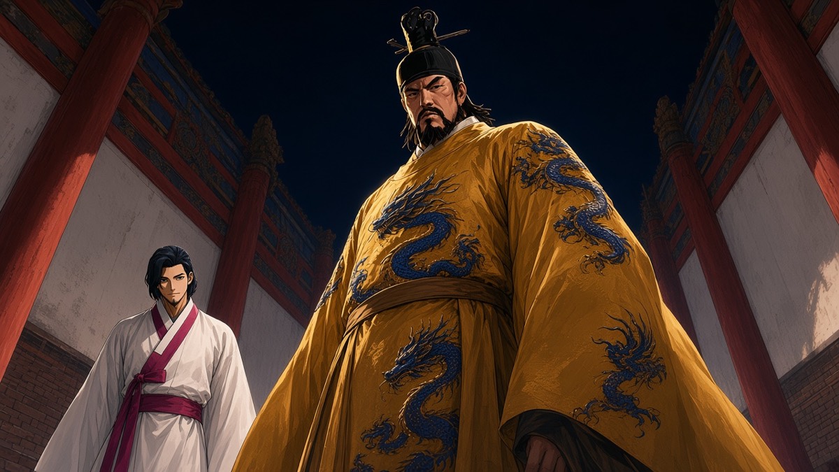 Worm’s-eye Taizong in gold with raised blue dragons; Chunchu a white-hanbok sliver