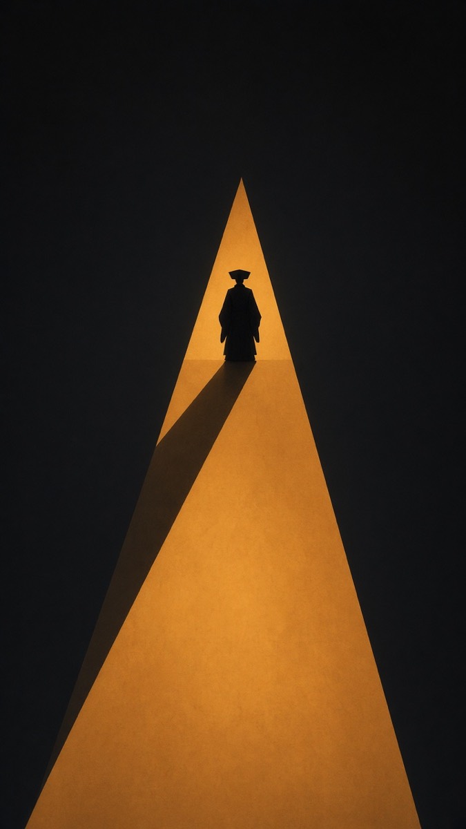 Worm’s-eye stair-wedge of amber light; tiny Taizong silhouette at the apex — no face