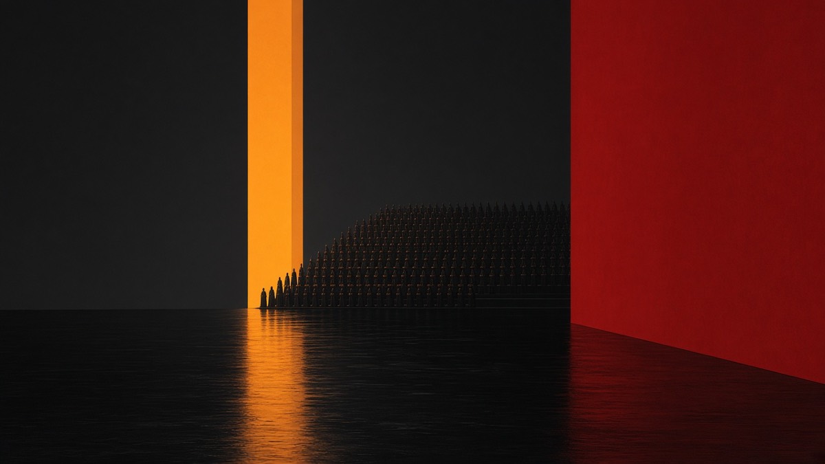 Wide Daming inner palace: forest of tiny women on a crimson plane; one yellow emperor shaft — no faces