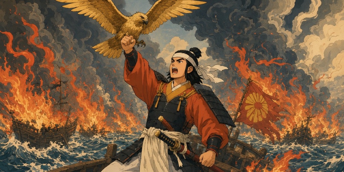 Echi no Takutsu roars amid the burning ships with the golden kite on his raised fist