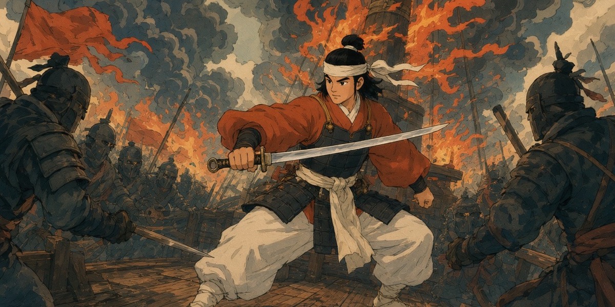 Echi no Takutsu fights alone on the last unburnt planks of his burning ship