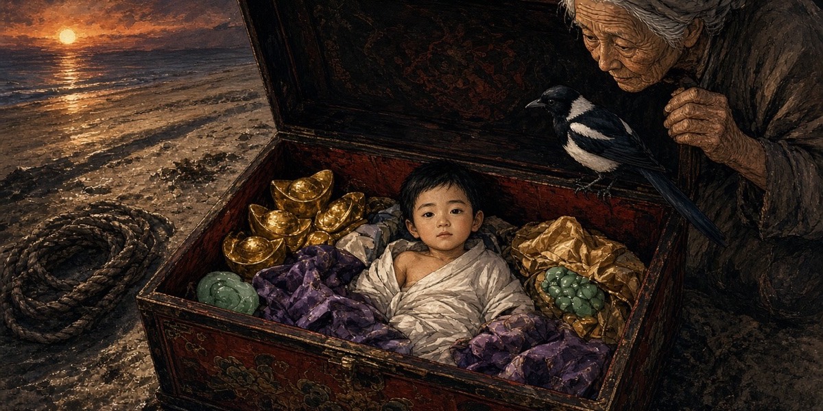 On the Ajinpo shore an old fisherwoman opens the chest and finds a small boy sitting among the treasure, unbothered