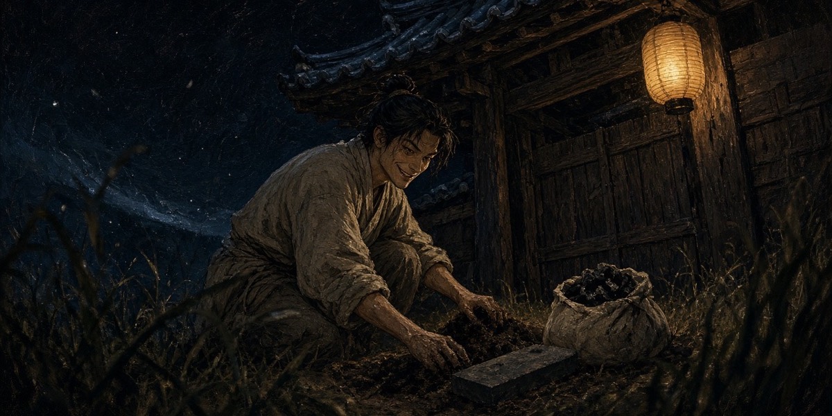 Moonlit night: young Talhae crouches by Hogong’s gate scooping earth over a whetstone and a charcoal sack, grinning over his shoulder
